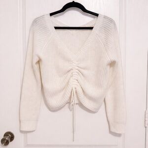Ruched Front Self Tie Knit V Neck Sweater